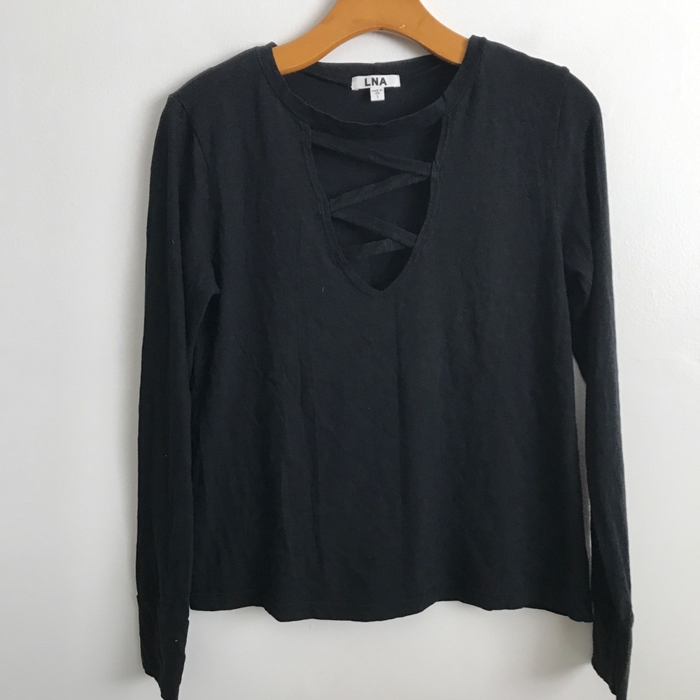 LNA T SHIRT BLACK LONG SLEEVE V NECK DEEP PLUNGE CRISS CROSS SMALL